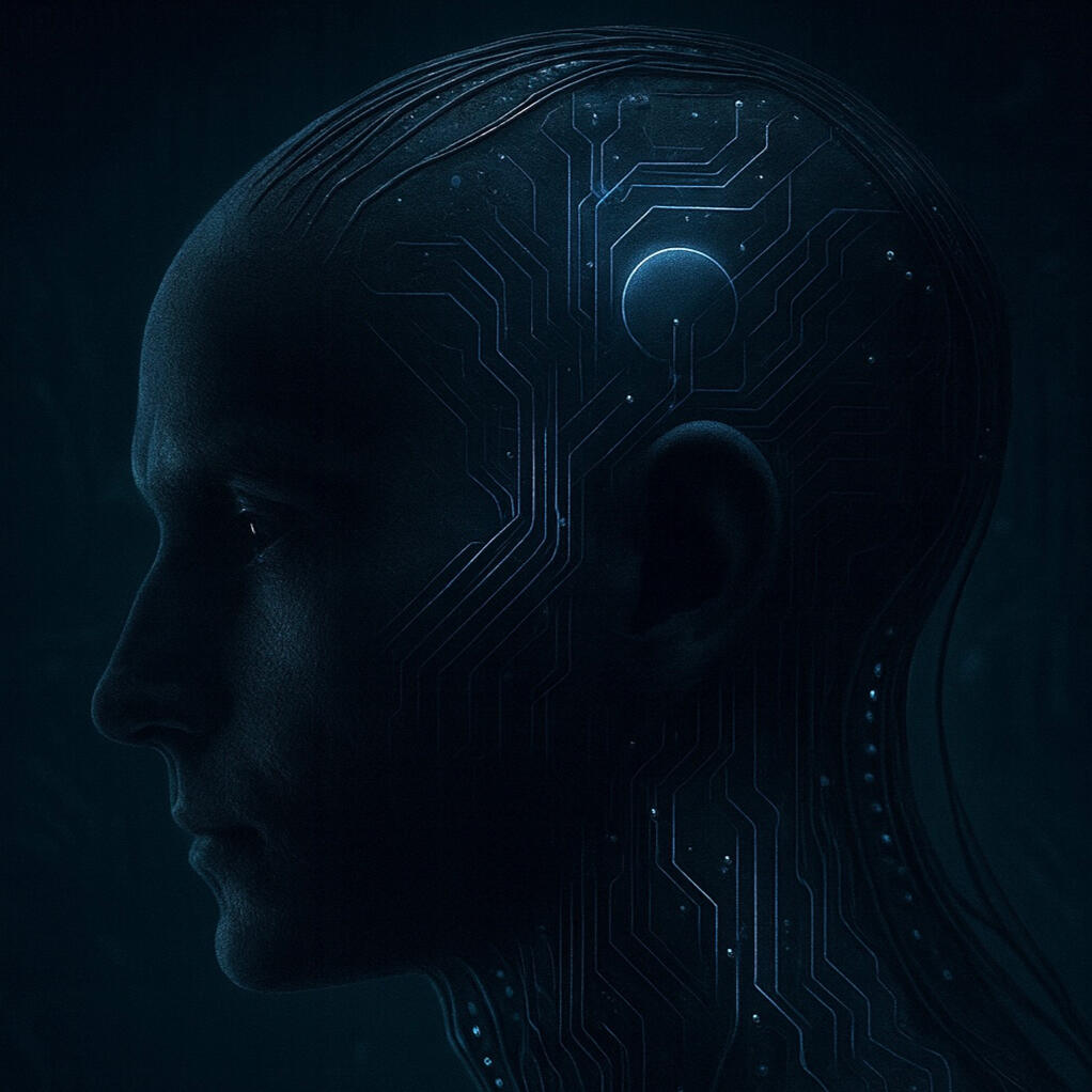 AI Meets Human Creativity – Ghost Engine Human head with digital circuits symbolizing human-AI hybrid creativity